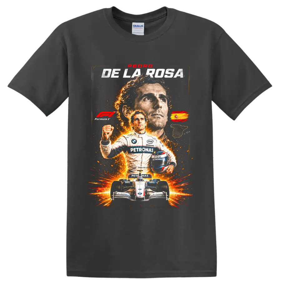 Pedro de la Rosa Formula 1 racing collage with BMW Sauber car, helmet, and fiery sparks on a Charcoal T Shirt