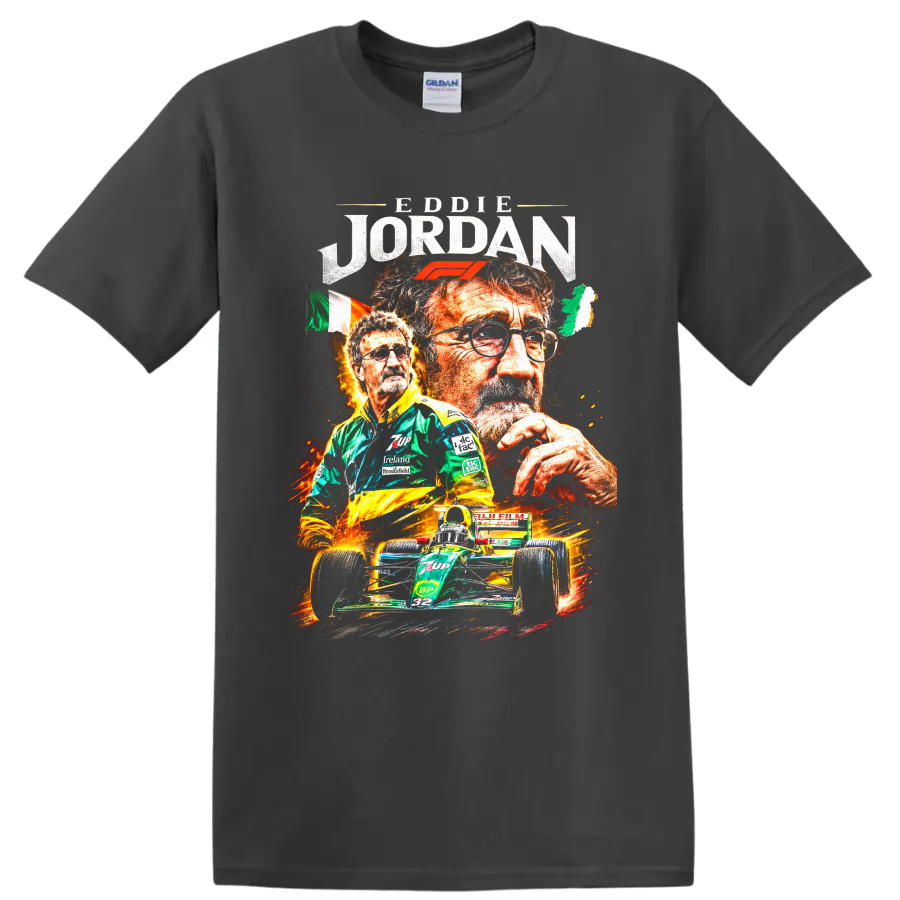 Eddie Jordan portraits with Formula 1 logo, Irish flag, and green number 32 race car on a Charcoal T Shirt