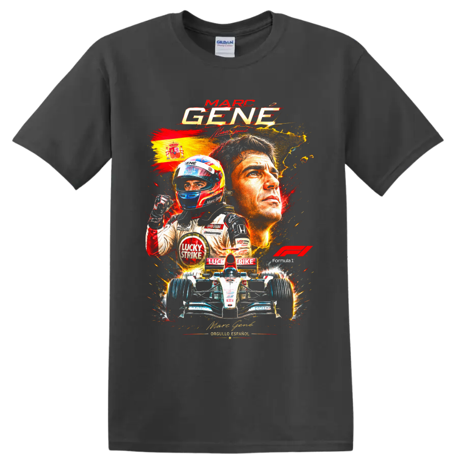 Marc Gene Formula 1 driver collage with Spanish flag, helmeted racer, and open-wheel car on a Charcoal T Shirt