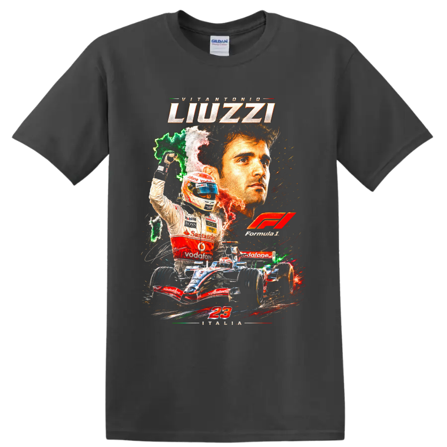 Vitantonio Liuzzi Formula 1 racing collage with Italy colors, number 23, and open-wheel on a Charcoal T Shirt