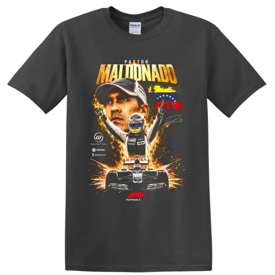 Pastor Maldonado Formula 1 portrait with Williams Renault car and Venezuelan flag artwork on a Charcoal T Shirt