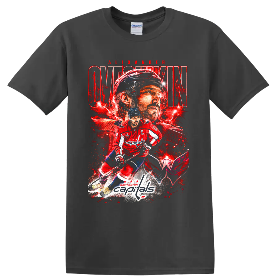 Alexander Ovechkin Washington Capitals red lightning hockey collage graphic on a Charcoal T Shirt