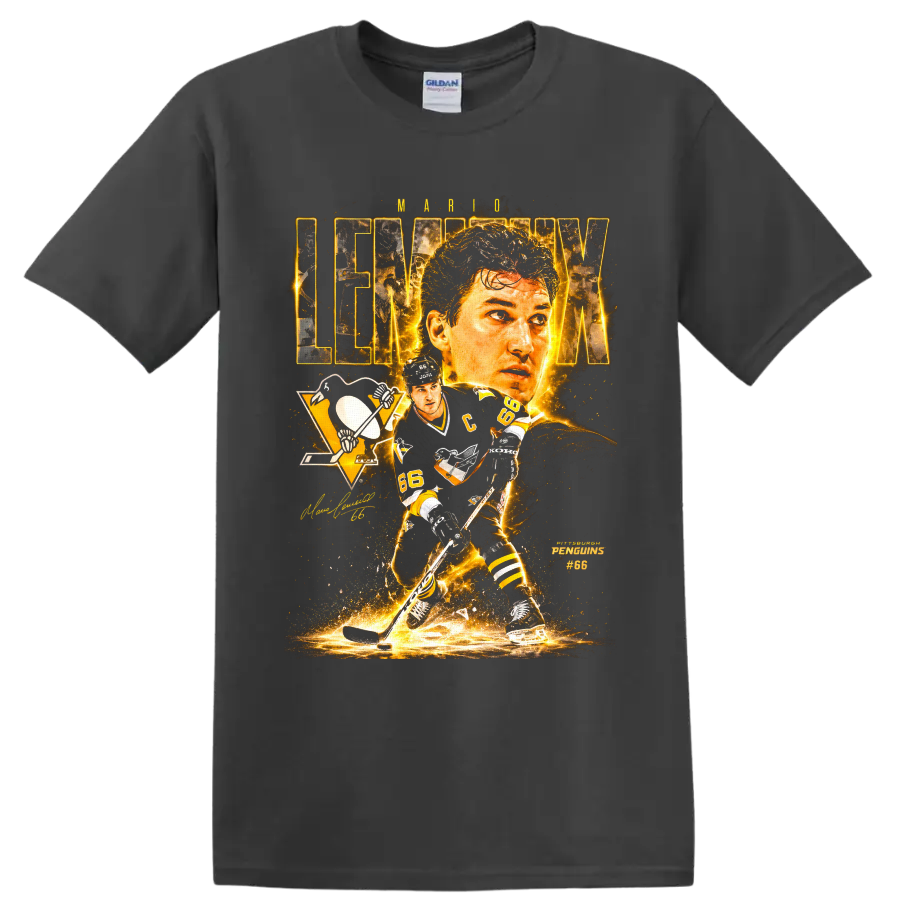 Mario Lemieux Pittsburgh Penguins No. 66 gold hockey collage graphic on a Charcoal T Shirt