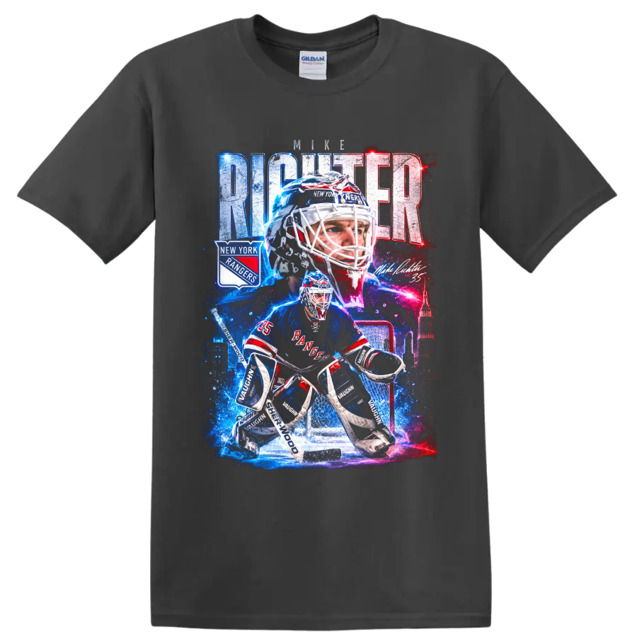 Mike Richter New York Rangers goalie collage with bold city skyline and hockey graphics on a Charcoal T Shirt