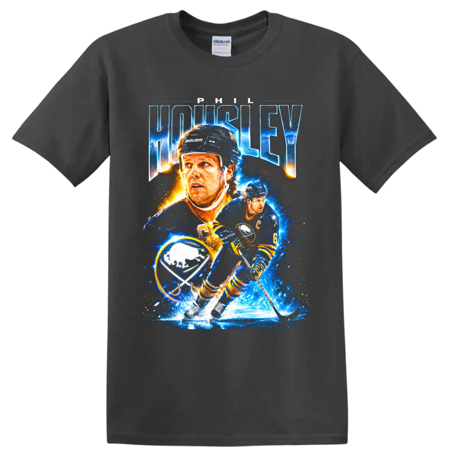 Phil Housley Buffalo Sabres hockey collage with bold name text and number 6 on a Charcoal T Shirt