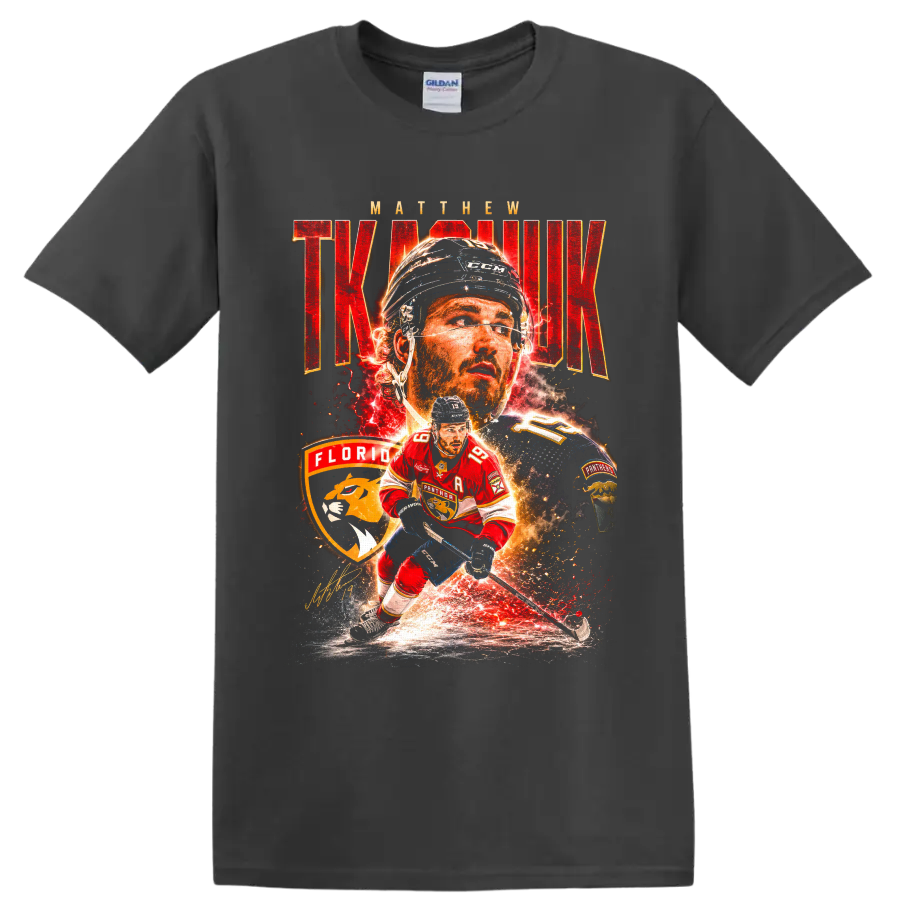 Matthew Tkachuk Florida Panthers hockey collage with bold red lettering and fiery effects on a Charcoal T Shirt