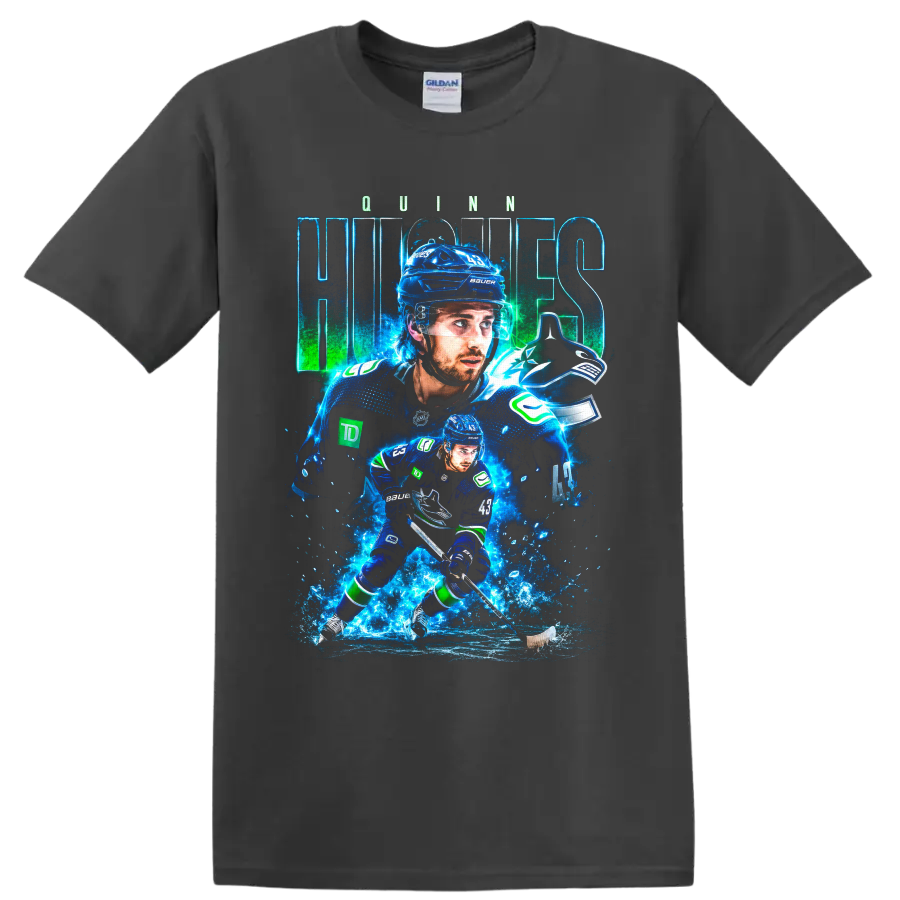 Quinn Hughes Vancouver Canucks hockey player collage with electric blue ice effects on a Charcoal T Shirt