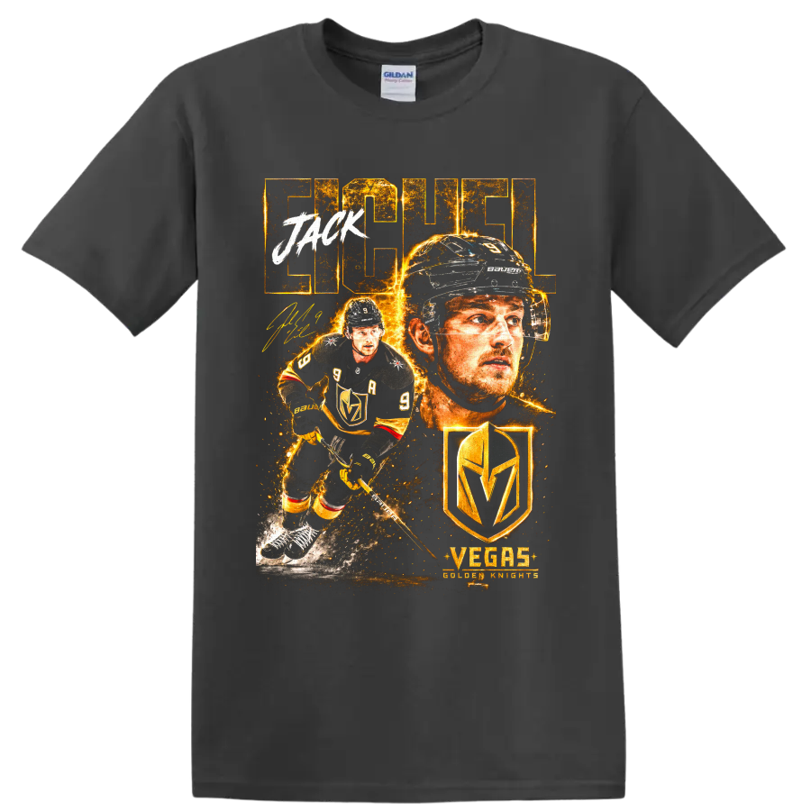 Jack Eichel Vegas Golden Knights fiery gold hockey portrait and action graphic on a Charcoal T Shirt