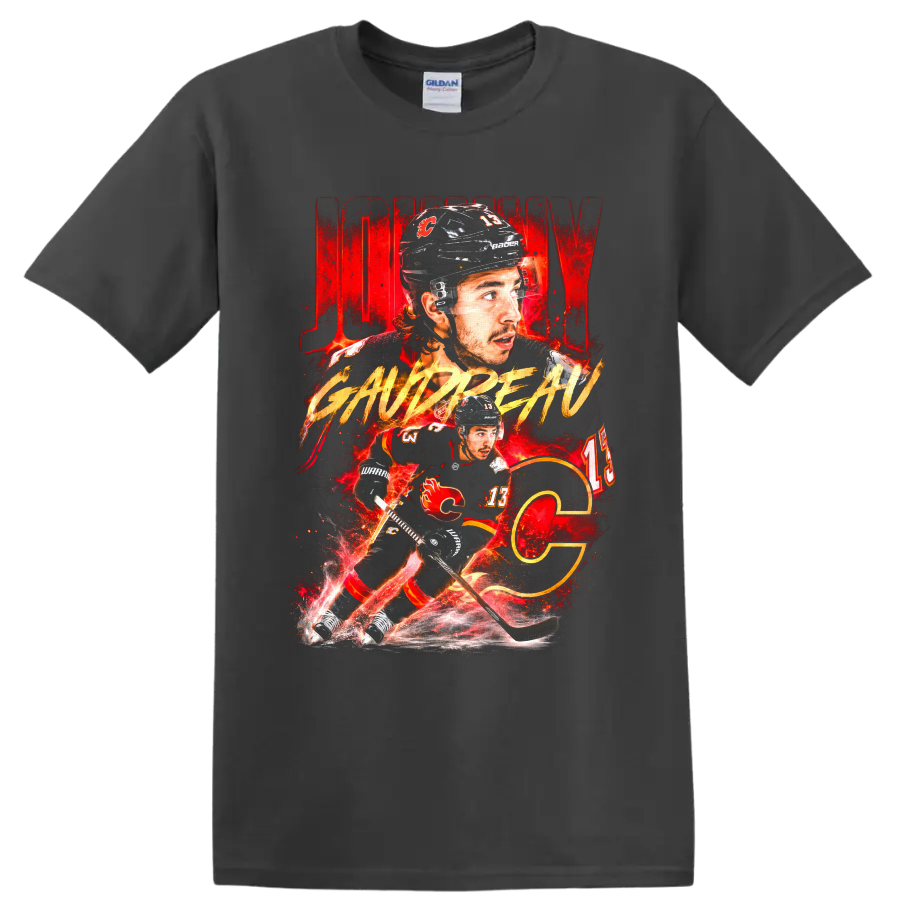 Johnny Gaudreau Calgary Flames hockey player portrait and skating action graphic on a Charcoal T Shirt