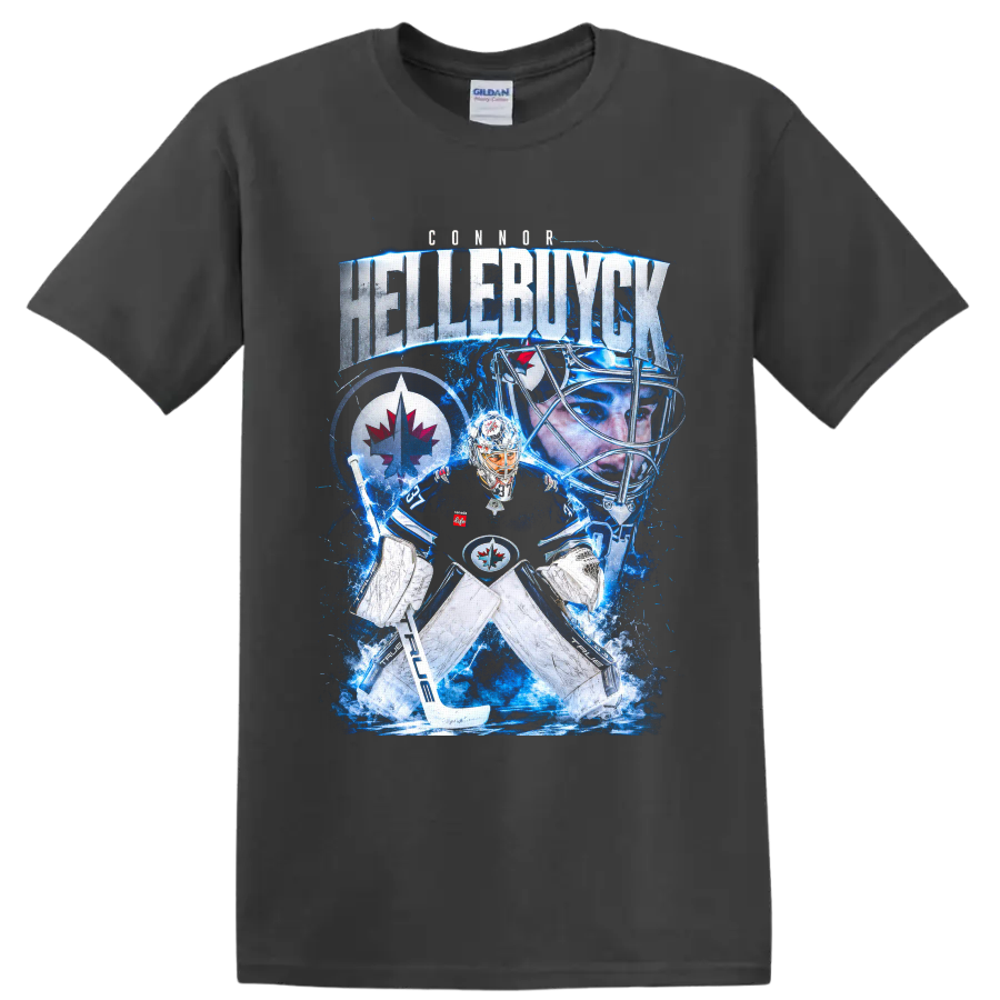Connor Hellebuyck Winnipeg Jets goaltender blue ice collage graphic on a Charcoal T Shirt