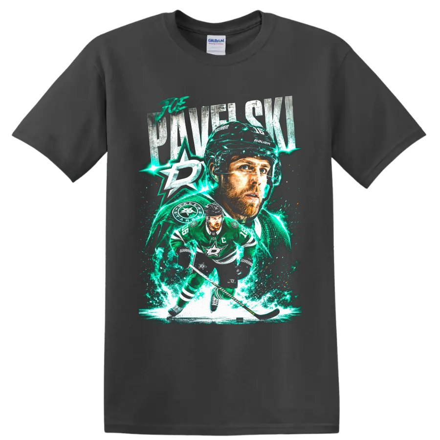 Joe Pavelski Dallas Stars hockey portrait and skating graphic with electric ice effects on a Charcoal T Shirt