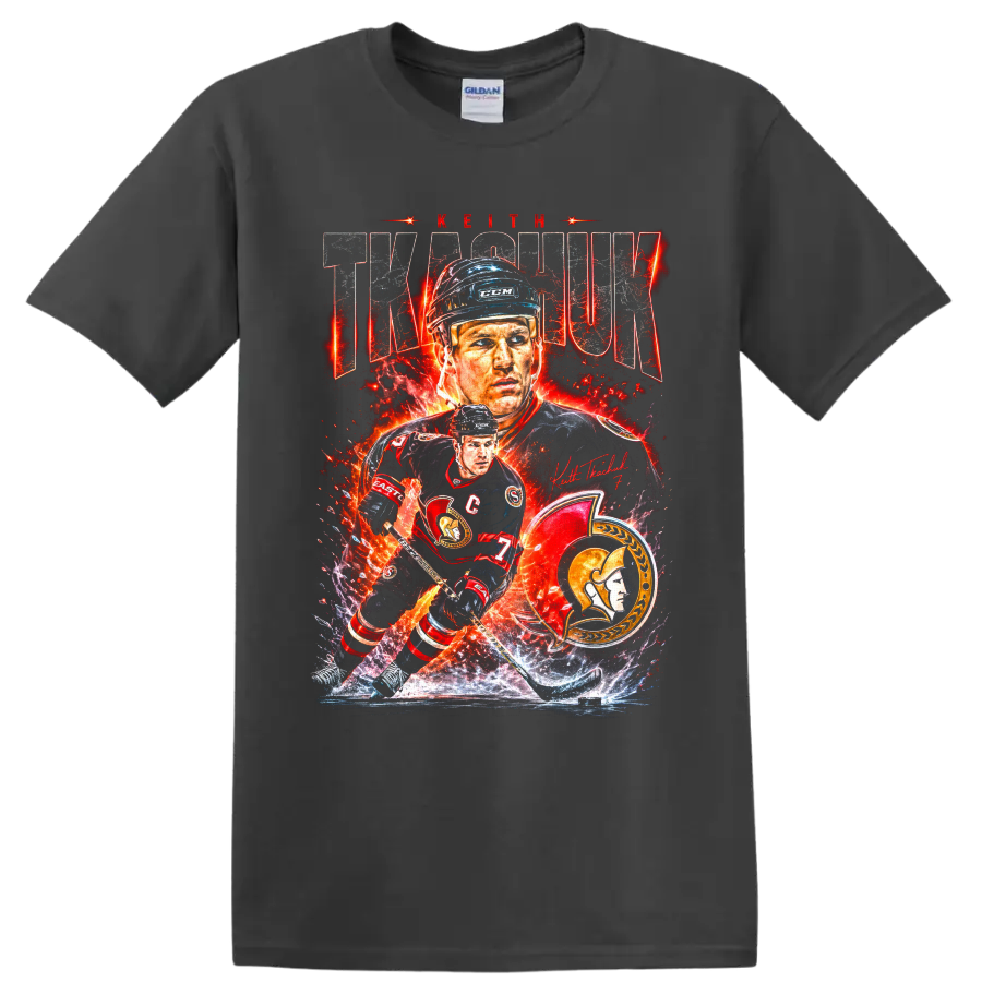 Keith Tkachuk Ottawa Senators hockey portrait and fiery action collage with number 7 on a Charcoal T Shirt