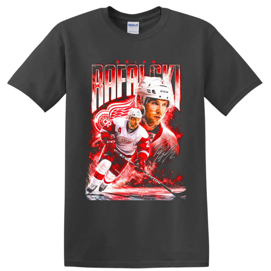 Brian Rafalski Detroit Red Wings action collage with BRIAN RAFALSKI text and signature on a Charcoal T Shirt
