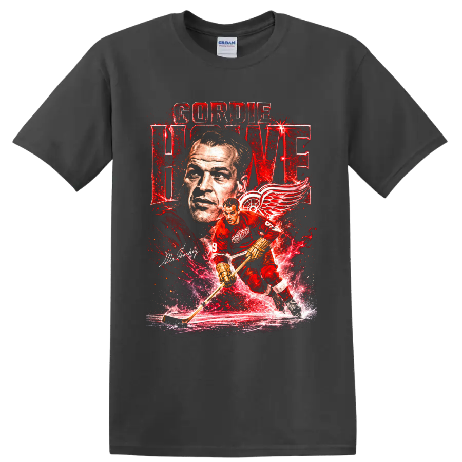 Gordie Howe Detroit Red Wings vintage hockey portrait and action graphic with Mr Hockey on a Charcoal T Shirt