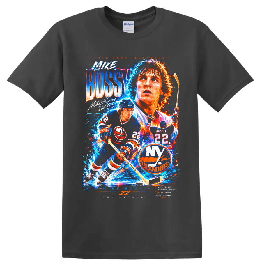 Mike Bossy New York Islanders electric hockey collage with number 22 on a Charcoal T Shirt