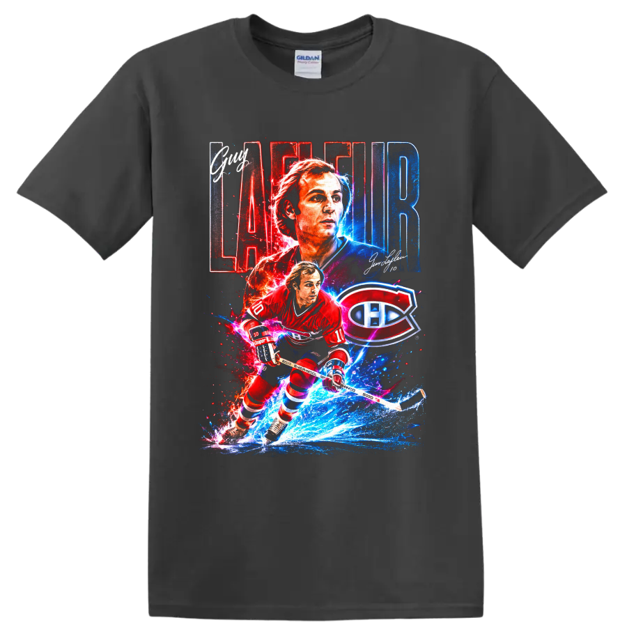 Guy Lafleur Montreal Canadiens hockey collage with number 10 and team logo on a Charcoal T Shirt