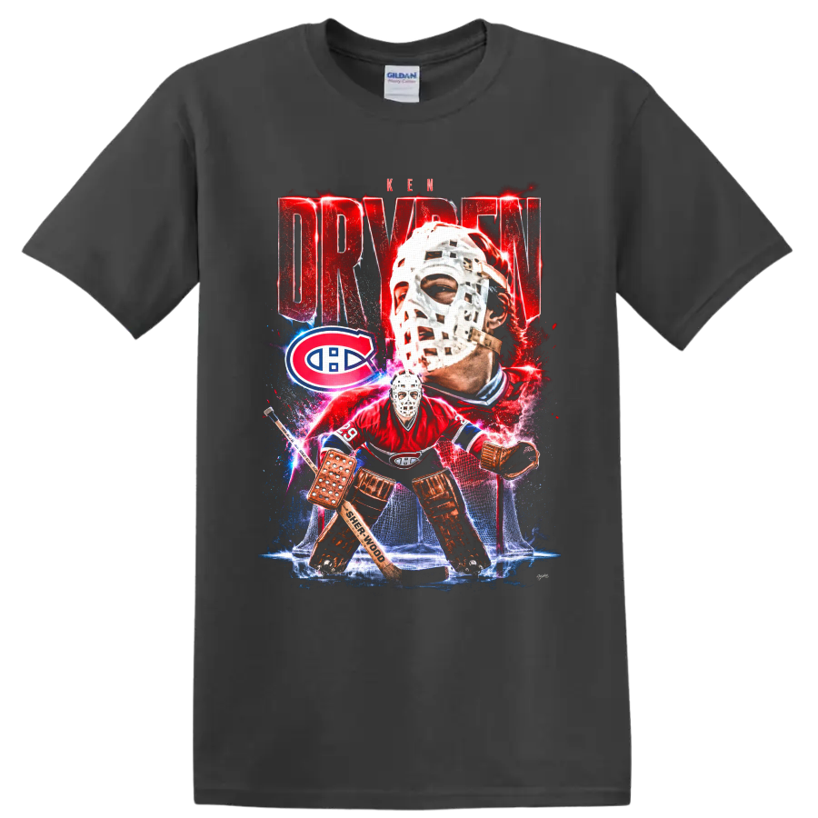 Ken Dryden Montreal Canadiens goalie collage with mask, net, and bold red lettering on a Charcoal T Shirt