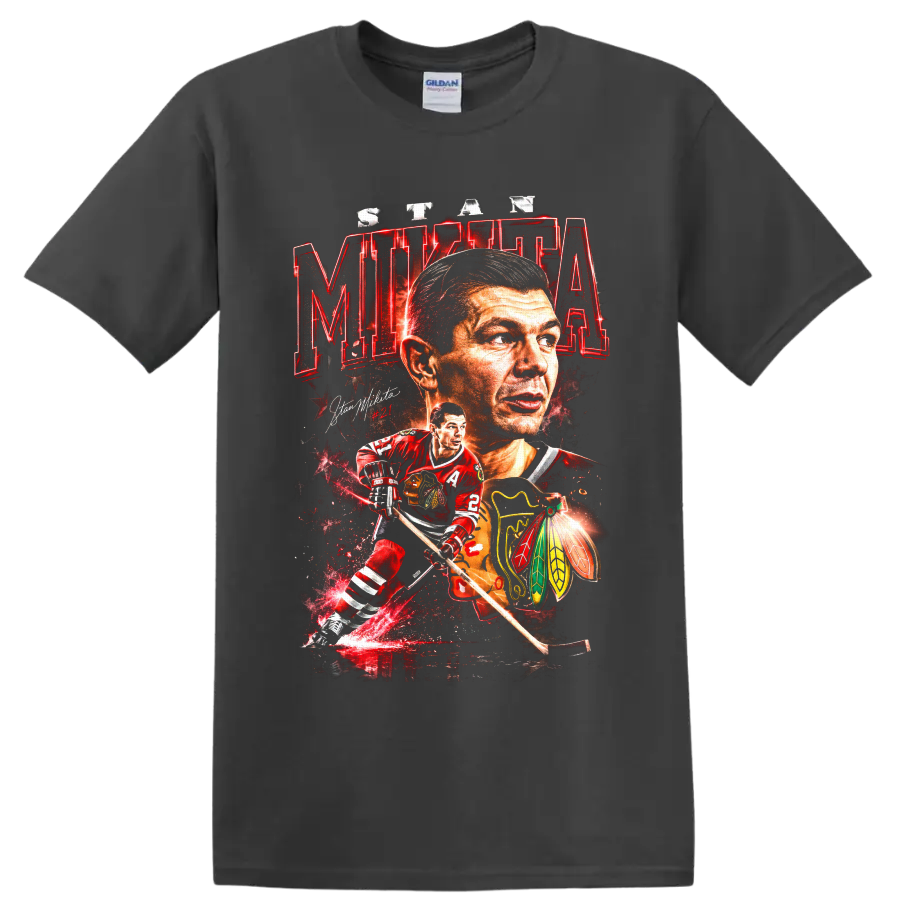 Stan Mikita #21 Chicago Blackhawks hockey portrait and action graphic print on a Charcoal T Shirt