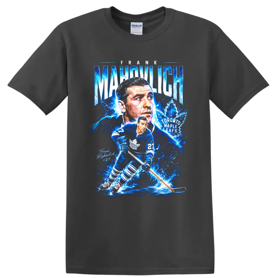 Frank Mahovlich Toronto Maple Leafs number 27 electric blue hockey collage graphic on a Charcoal T Shirt