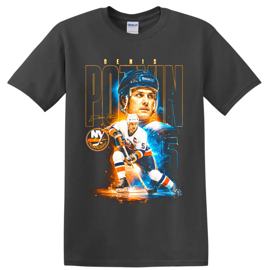 Denis Potvin New York Islanders number 5 hockey portrait and skating graphic print on a Charcoal T Shirt
