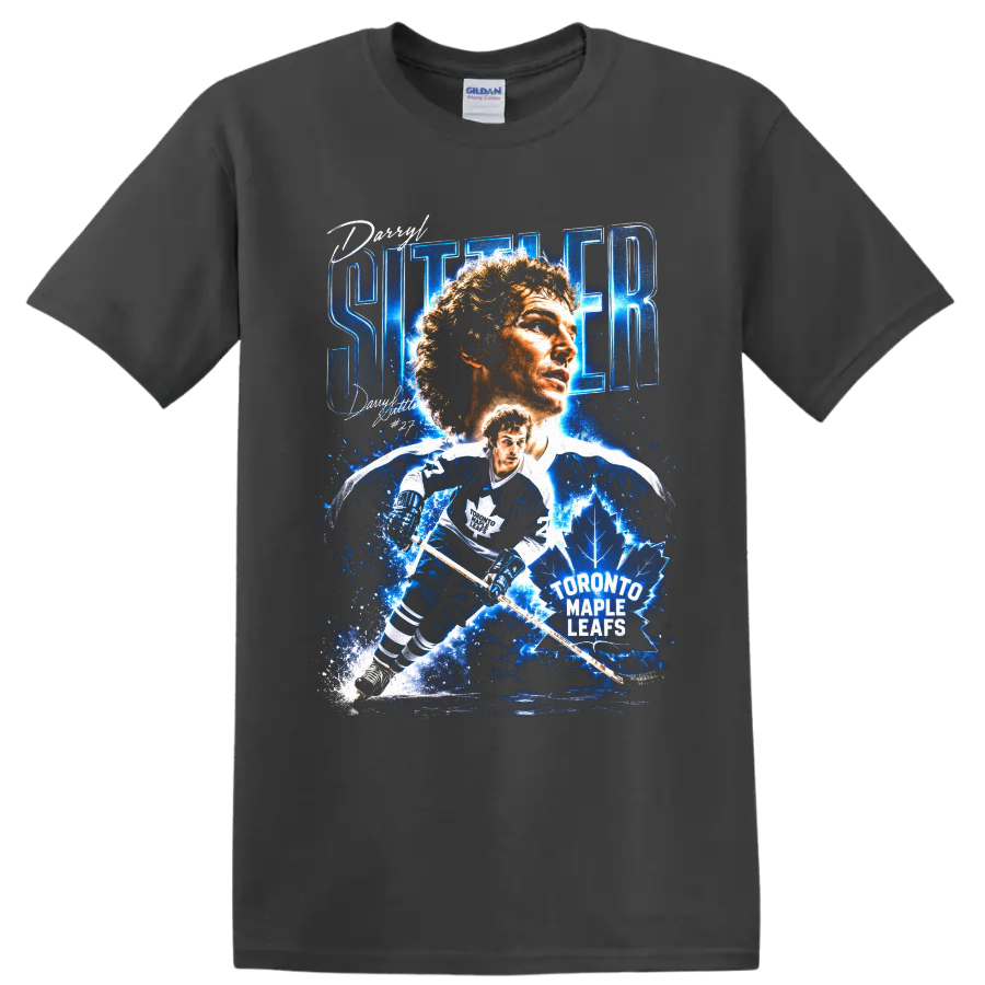 Darryl Sittler Toronto Maple Leafs hockey portrait and action graphic with number 27 on a Charcoal T Shirt