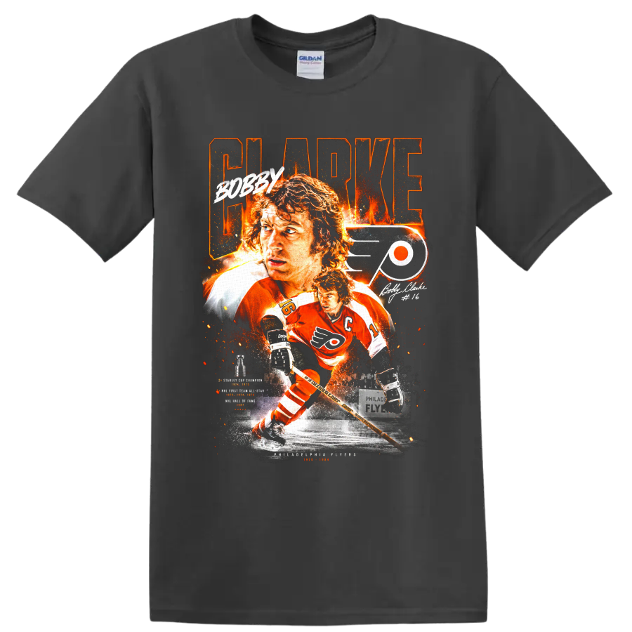 Bobby Clarke Philadelphia Flyers No. 16 vintage hockey tribute graphic on a Charcoal T Shirt