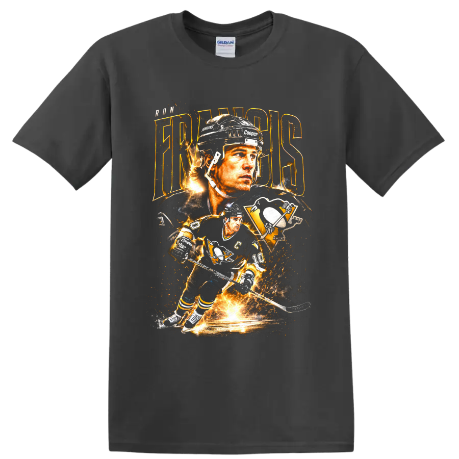 Ron Francis Pittsburgh Penguins hockey portrait and action graphic with gold lightning on a Charcoal T Shirt