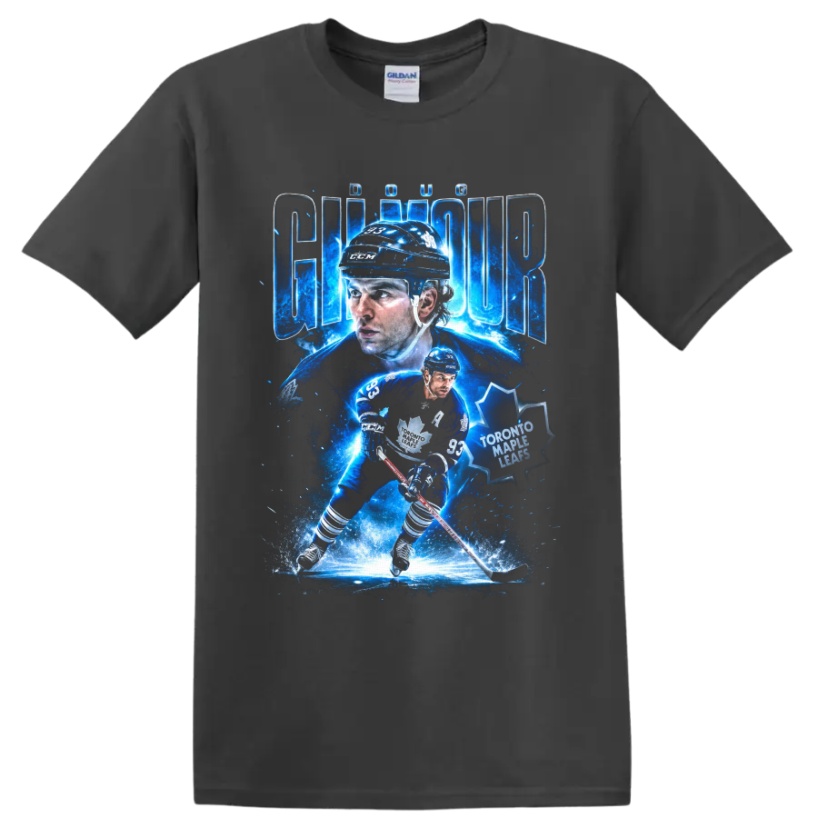 Doug Gilmour Toronto Maple Leafs hockey collage with electric blue action art on a Charcoal T Shirt