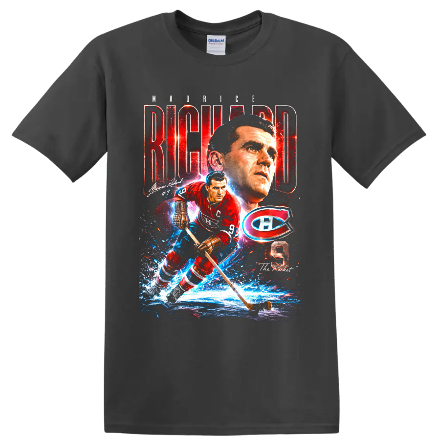 Maurice Richard No. 9 Montreal Canadiens hockey action tribute graphic on a Charcoal T Shirt