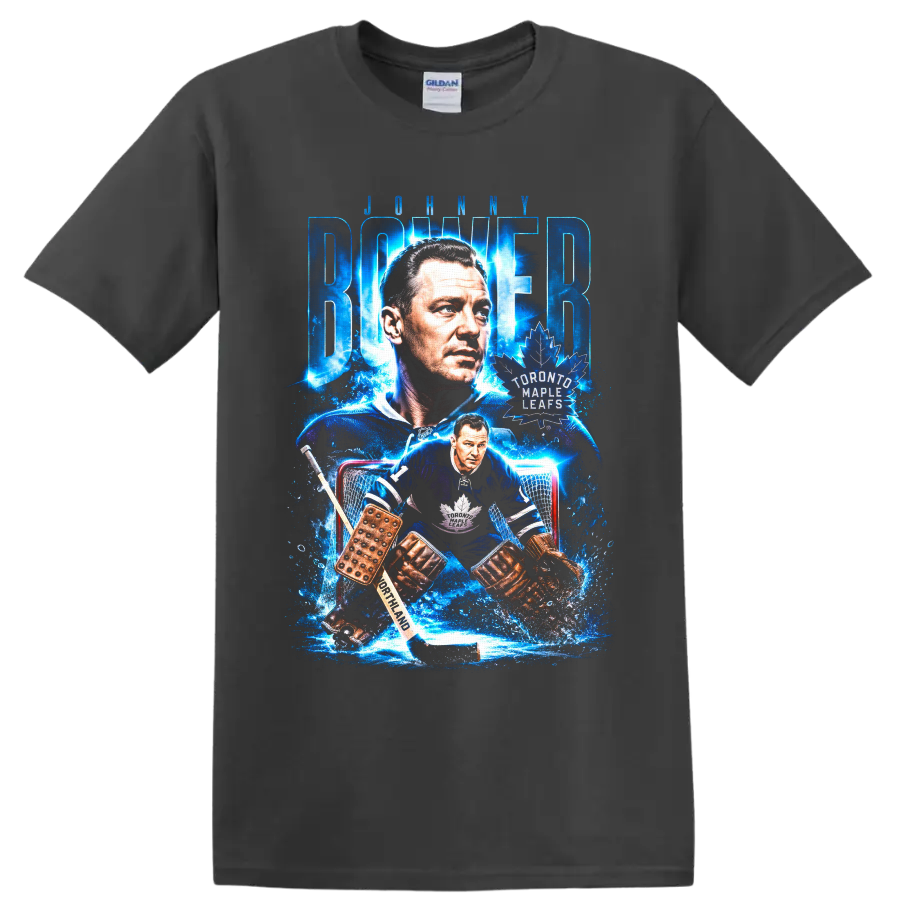 Johnny Bower Toronto Maple Leafs goalie portrait and vintage hockey action graphic on a Charcoal T Shirt