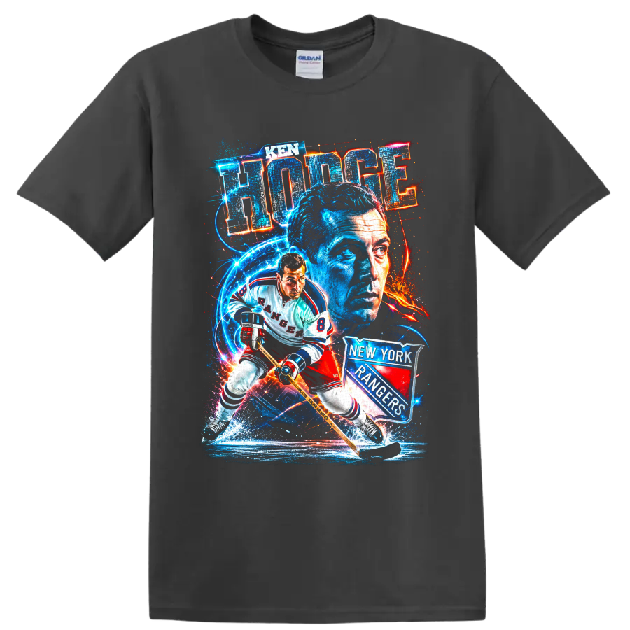 Ken Hodge New York Rangers number 8 hockey action and portrait graphic on a Charcoal T Shirt