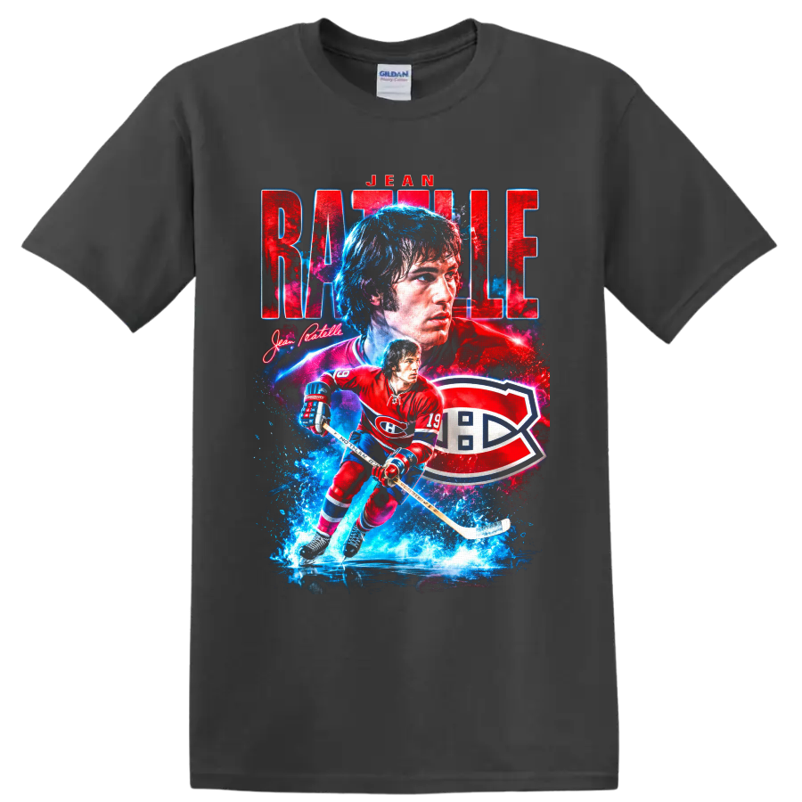 Jean Ratelle Montreal hockey portrait and skating player graphic with bold team-style on a Charcoal T Shirt