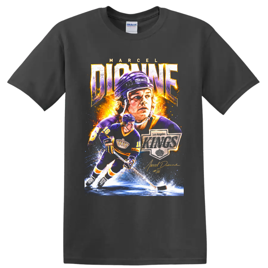 Marcel Dionne Los Angeles Kings hockey collage with number 16 and signature on a Charcoal T Shirt