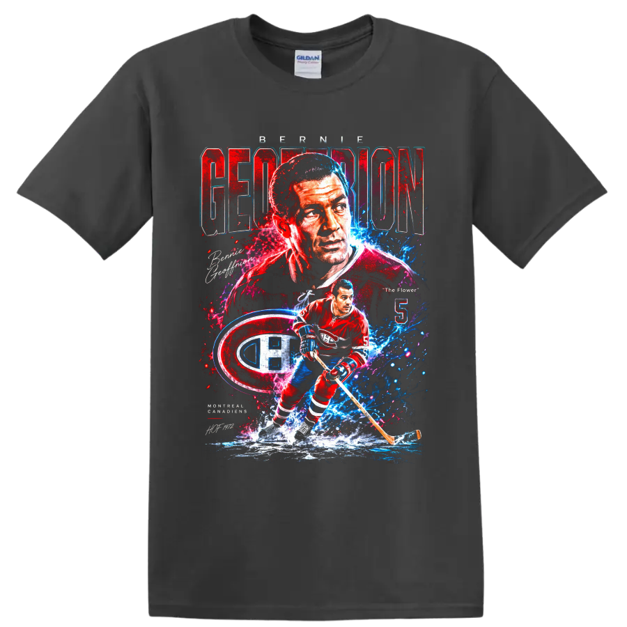 Bernie Geoffrion Montreal Canadiens retro portrait and No. 5 hockey action graphic on a Charcoal T Shirt