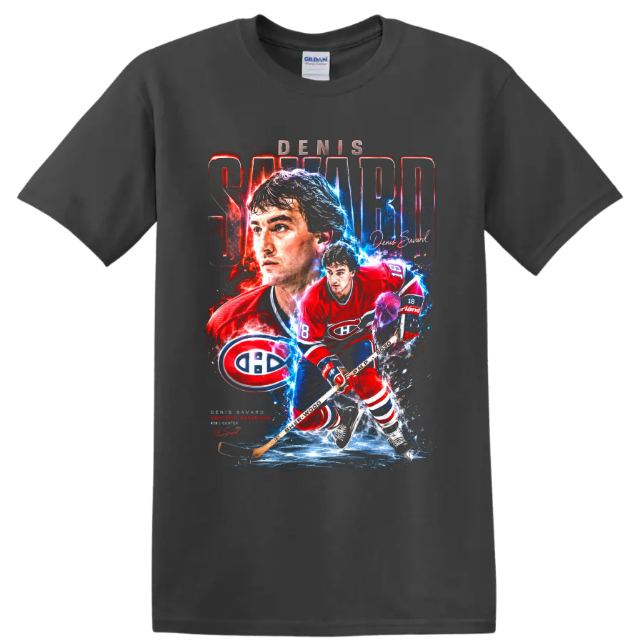 Denis Savard Montreal Canadiens hockey collage graphic with bold name lettering on a Charcoal T Shirt