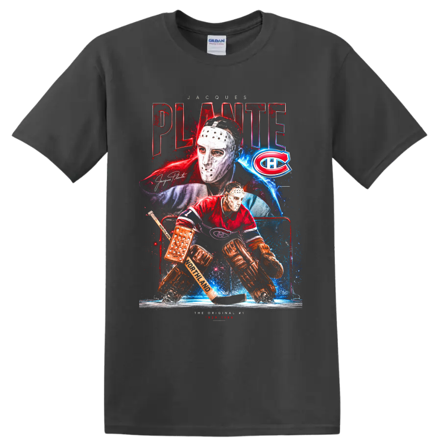 Jacques Plante Montreal Canadiens masked goalie in retro red and blue hockey collage on a Charcoal T Shirt