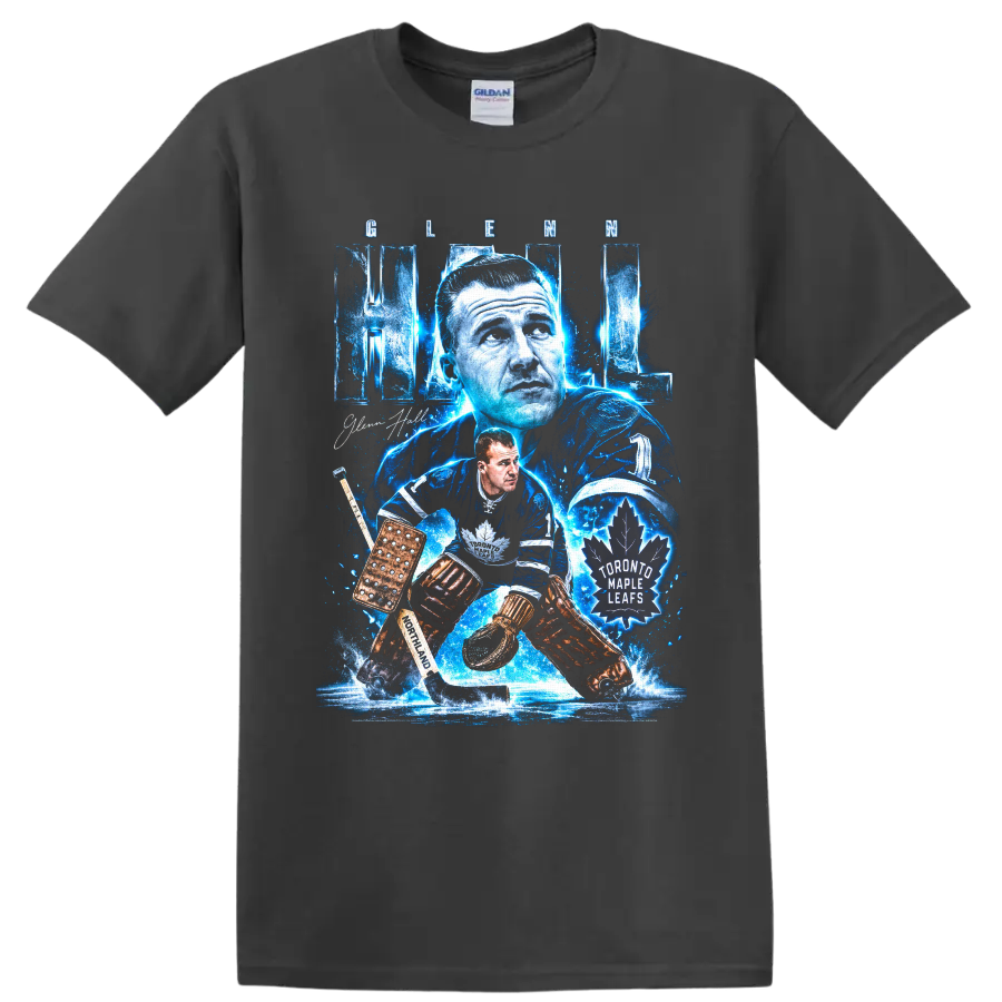 Glenn Hall Toronto Maple Leafs goalie graphic with icy blue vintage hockey artwork on a Charcoal T Shirt