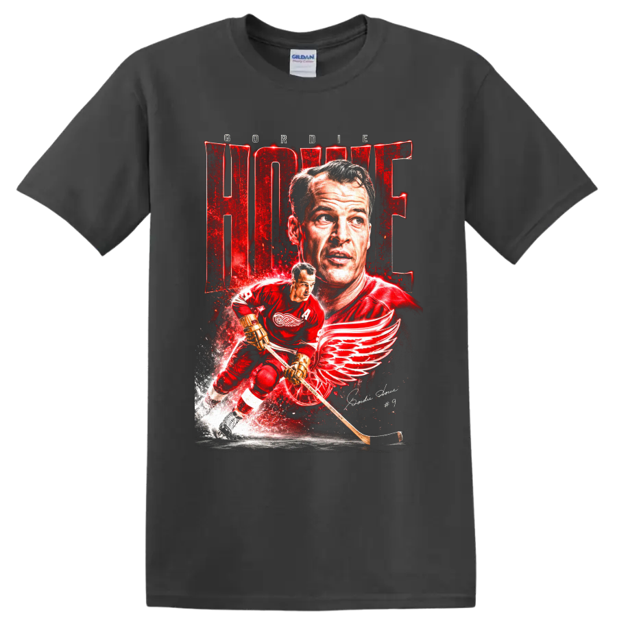 Gordie Howe Detroit Red Wings portrait and skating number 9 hockey graphic on a Charcoal T Shirt