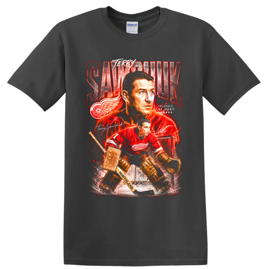 Terry Sawchuk Detroit Red Wings goalie portrait and vintage action graphic on a Charcoal T Shirt