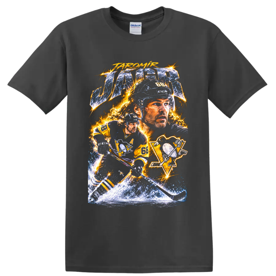 Jaromir Jagr number 68 Pittsburgh hockey electric collage graphic with icy action art on a Charcoal T Shirt