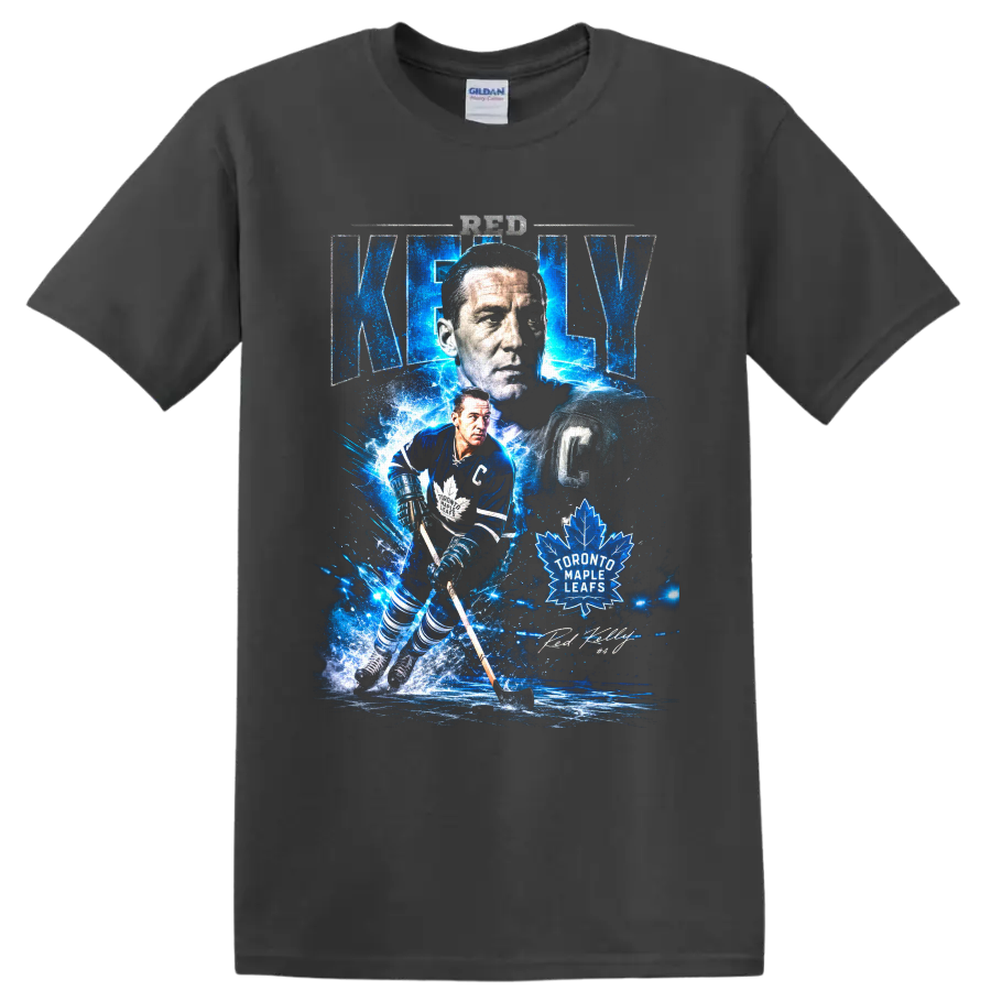 Red Kelly Toronto Maple Leafs captain hockey collage with electric blue ice effects on a Charcoal T Shirt