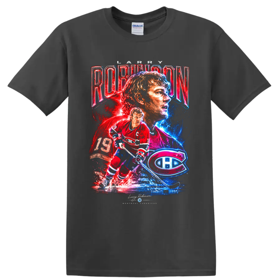 Larry Robinson Montreal Canadiens number 19 neon collage hockey graphic on a Charcoal T Shirt