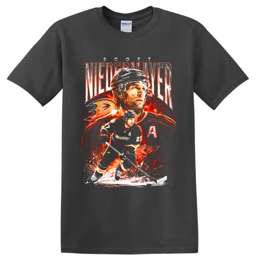 Scott Niedermayer Ducks No. 27 hockey collage with fiery distressed graphics on a Charcoal T Shirt