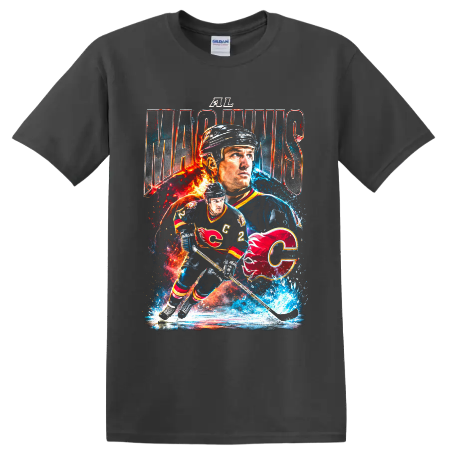 Al MacInnis Calgary Flames hockey collage graphic with fiery ice effects on a Charcoal T Shirt
