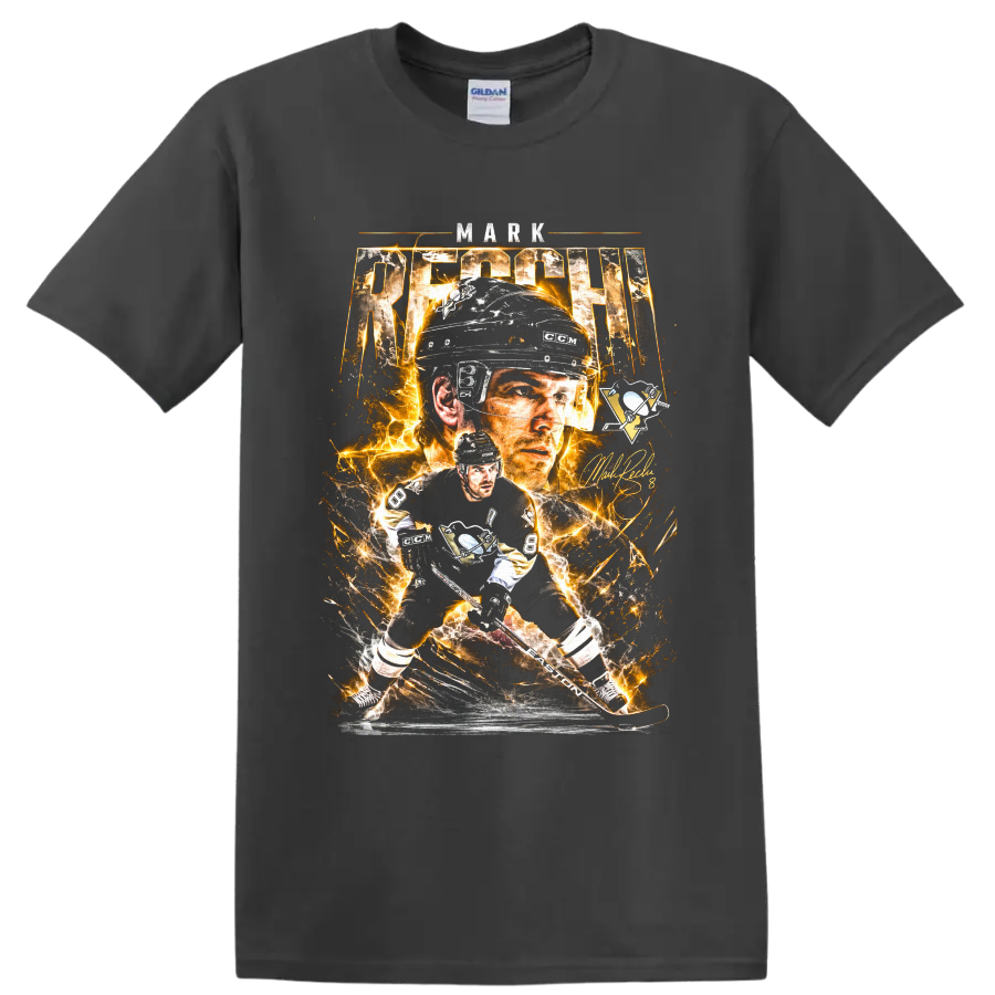 Mark Recchi Pittsburgh Penguins No. 8 electric hockey portrait and action graphic on a Charcoal T Shirt
