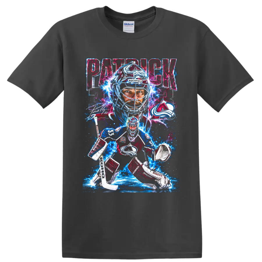 Patrick Roy Colorado Avalanche goalie graphic with number 33, signature, and electric ice on a Charcoal T Shirt