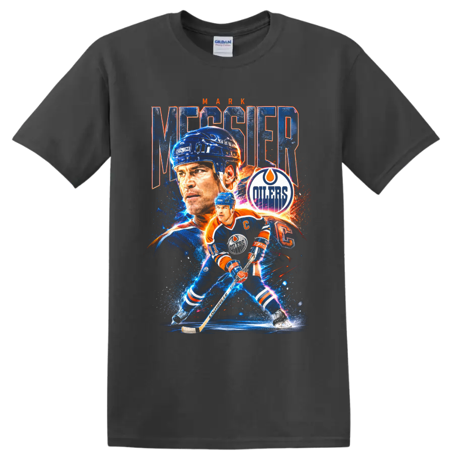 Mark Messier Edmonton Oilers hockey portrait and action graphic with distressed lettering on a Charcoal T Shirt