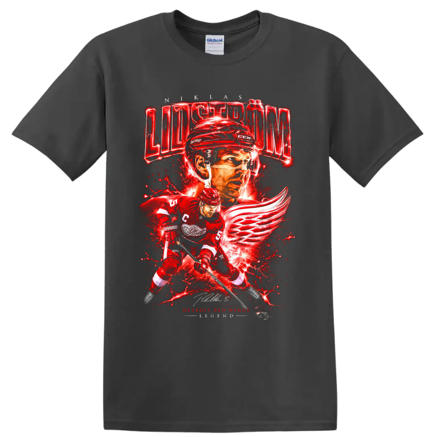 Nicklas Lidström Detroit Red Wings hockey action graphic with winged-wheel artwork on a Charcoal T Shirt