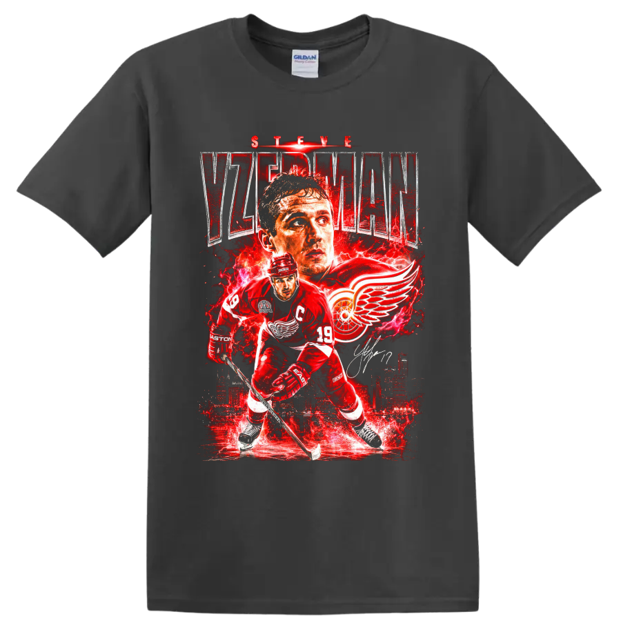 Steve Yzerman Detroit Red Wings hockey collage with captain portrait and winged wheel on a Charcoal T Shirt