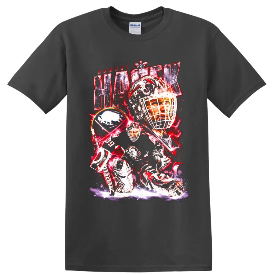 Dominik Hasek Buffalo Sabres goaltender collage with bold red lightning on a Charcoal T Shirt